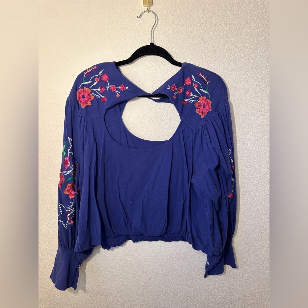 Free People Lita Floral Embroidered Keyhole Top - L
